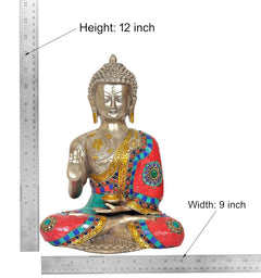 Brass meditating Buddha statue, Height 12 in, Width 9 in (measuring view)