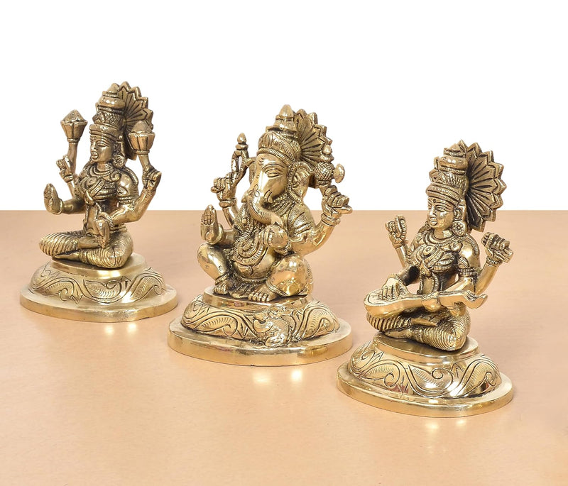 Brass Lakshmi Ganesha Saraswati Idol (Height:5 Inch)