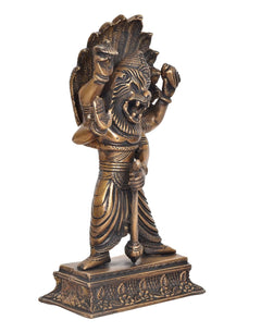 Bronze Narasimha-Vishnu statue, angled view with upraised palm and striped garment