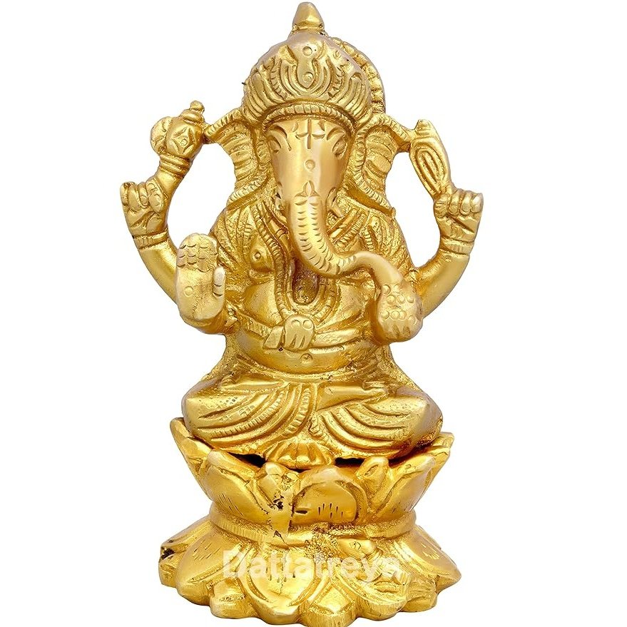 Brass Ganesha idol seated with raised hands, ornate crown, 4.5 inch height