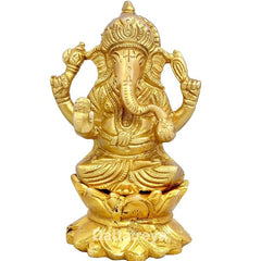 Brass Ganesha idol seated with raised hands, ornate crown, 4.5 inch height
