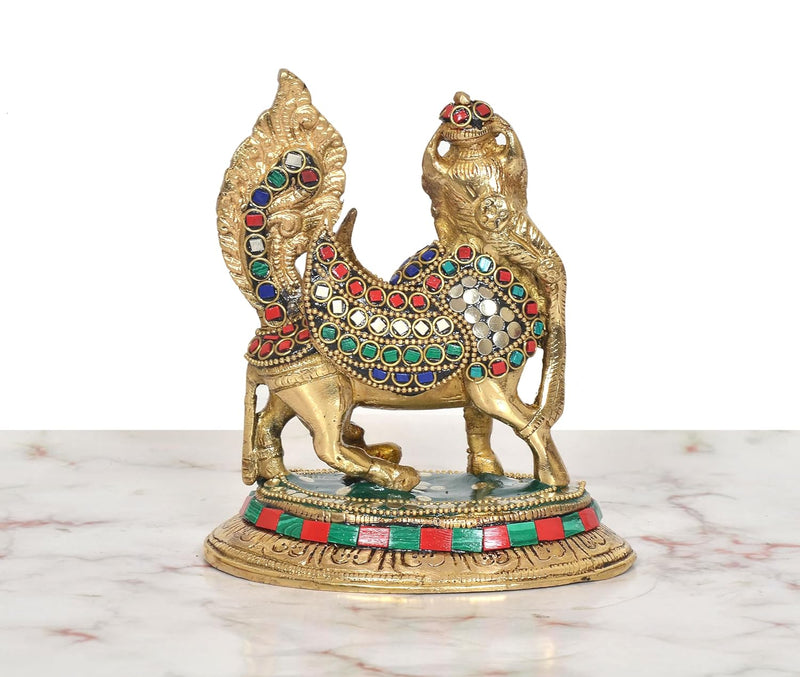Brass Kamadhenu Cow Calf with Wings Showpiece (Height: 6 inch)