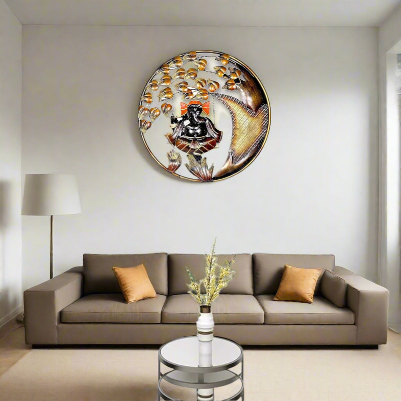 Iron Ganeshji on swing playing flute Wall Hanging (20 inch diameter)