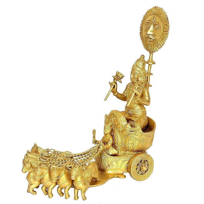 Brass Sun Chariot Rath with 7 Horse Statue (Height: 13 Inches)