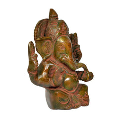 Brass Ganesha idol statue, kneeling side view with raised arms and decorative engravings