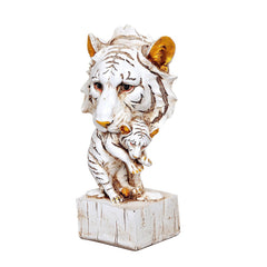 White resin lion head statue with cub, brown stripes on face, square pedestal base
