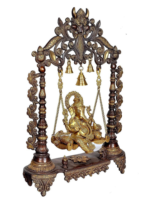 AONA Brass Ganesha Swing Statue Idol with Bells for Home Decor | Height : 27 Inches | Weight : 17 KG (Golden)