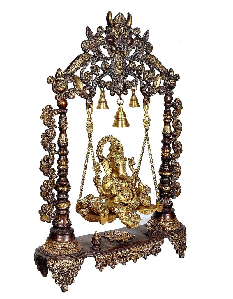 AONA Brass Ganesha Swing Statue Idol with Bells for Home Decor | Height : 27 Inches | Weight : 17 KG (Golden)