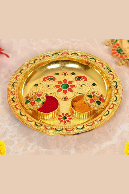 Gold Plated Plastic Haldi Kumkum Holder Pooja Thali Tilak Plate (Width 5.5 Inch)