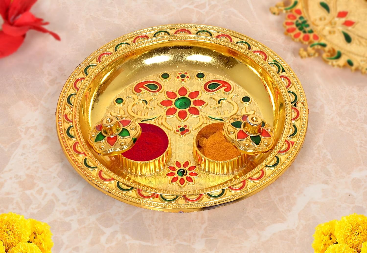 Decorative Design Gold Plated Plastic Haldi Kumkum Holder Pooja Thali and 2 Bowl For Rakhi Diwali Wedding Gifts Tilak Plate (Width 5.5 Inch) (Multicolor Pooja Thali)