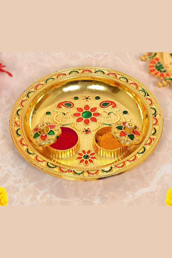 Gold Plated Plastic Haldi Kumkum Holder Pooja Thali Tilak Plate (Width 5.5 Inch)