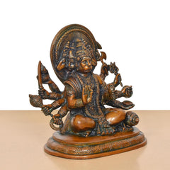 Brass Panchmukhi Hanuman idol three-quarter view, ornate halo and multi-armed form
