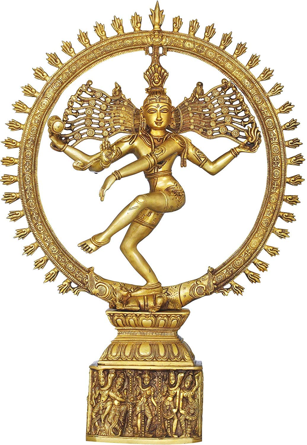 Brass Nataraja Shiva idol, dancing four-armed pose with ornate cosmic ring (23.5 in)