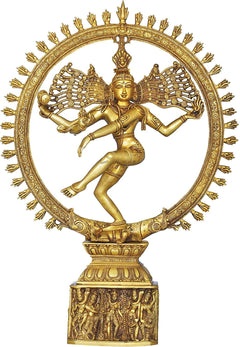 Brass Nataraja Shiva idol, dancing four-armed pose with ornate cosmic ring (23.5 in)