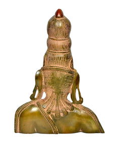 Parvati brass bust statue back view, ornate headdress, gold and red, multicolor 10-inch