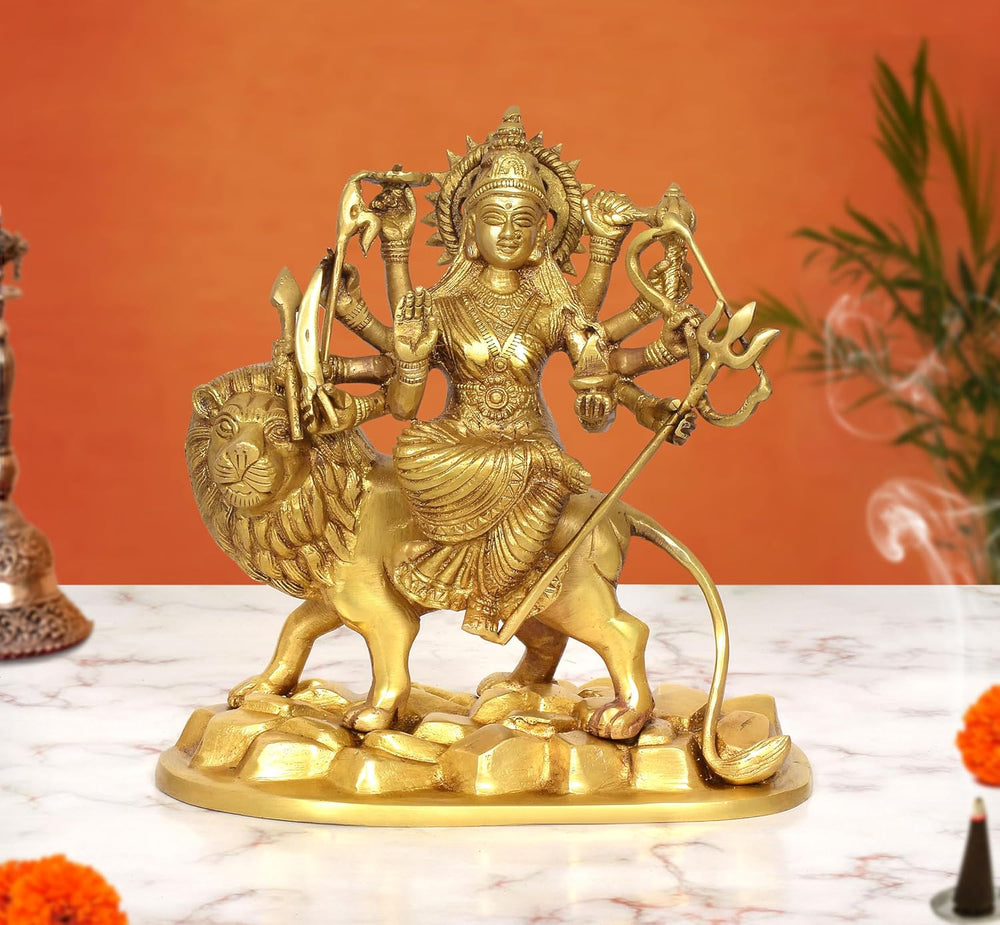 Brass Durga Maa with Lion Statue (Height 9 Inch)