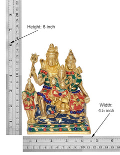 Brass Shiv Parivar idol, 6 inch height; Shiva and family with jeweled robes