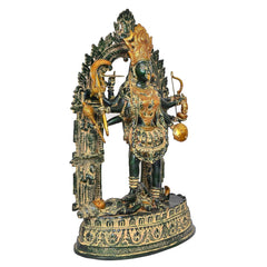 Mahakali Mata brass idol angled view, multiple weapons, gold ornaments, round base