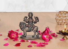 MAA Durga polyresin statue on seated lion, antique bronze finish with jeweled details