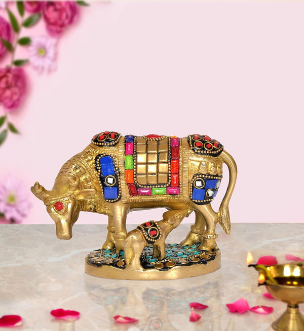 Brass Kamdhenu Cow with Calf for Home Decor Pooja Mandir Temple Office Decorative Showpiece Statue (Height: 4 Inch) (Multicolor 1)