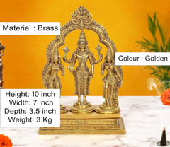 Golden brass Vishnu statue with Shridevi and Bhudevi, 10 inch tall, three standing figures