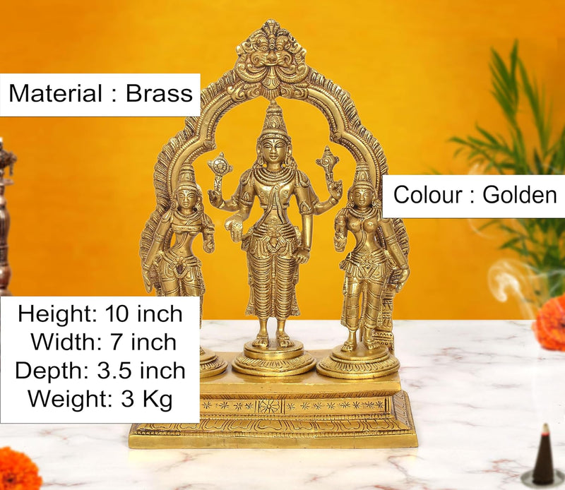Brass Lord Vishnu Shridevi and Bhudevi Statue (Height 10 Inch)