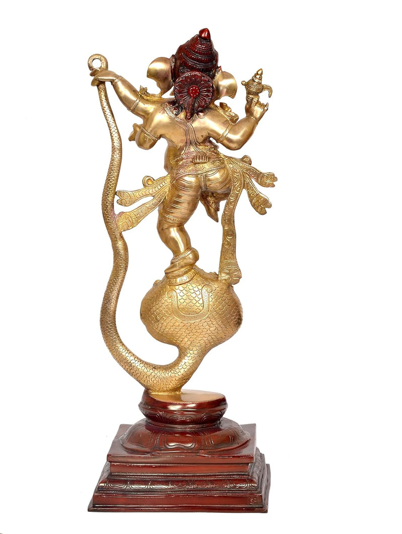 Brass Lord Ganesha Dancing on Serpent Shesha - Hindu Deity Idol for Puja and Gifts (Height 26 Inch)