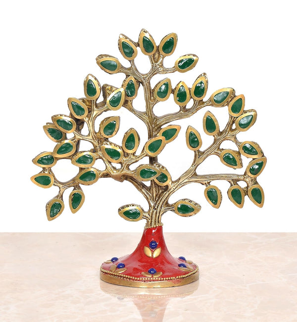 Brass Kalpavriksha Tree Table Standing with Stonework for Home Decor and Ofice Teble Decor Figurine (Height: 6 inch) (Multicolor 3)