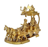 Brass Arujana Rath statue viewed from side, with flag, riders, and horse team.