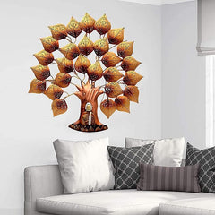 Metal pipal tree wall hanging with Buddha LED, golden leaf cutouts, 30 in height