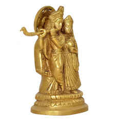Gold-tone Radha Krishna brass idol statue, angled view with detailed drapery
