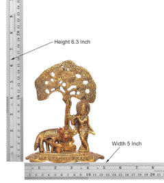 Metal Krishna with cow idol figurine sculpture, height 6.3 inch, width 5 inch