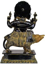 Brass Ganesha idol seated on rat, back view, ornate gold patterns