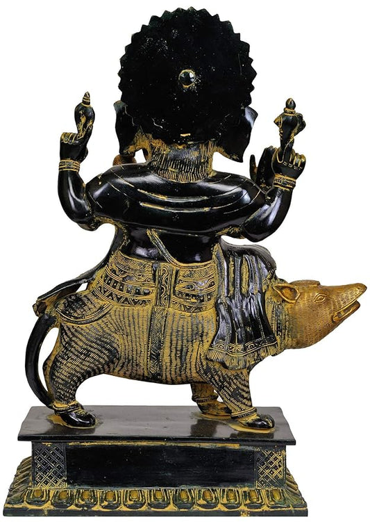 Brass India Bhagawan Ganesha Seated on Rat Height 18.5 Inch