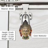 Brass Buddha face door lock, multicolor finish; size details shown