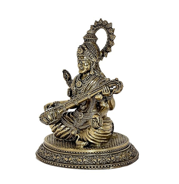 Fine Brass Goddess Saraswati Idol Suited for School Bag (Height: 4.5 Inch) Study Setting