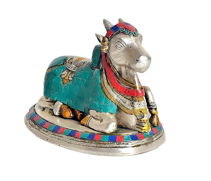 Brass Nandi Cow Idol Statue Shiv Temple Showpiece Multicolour Height 7 Inches Craft Detail