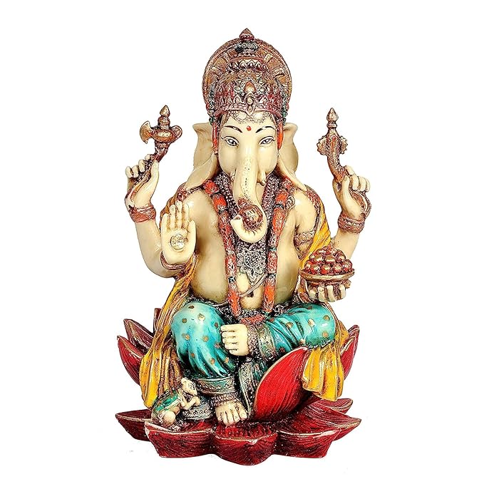 PolyResin Ganesha Statue Idol Murti On Lotus for Temple Home Decor | Height : 7 inches (Orange)