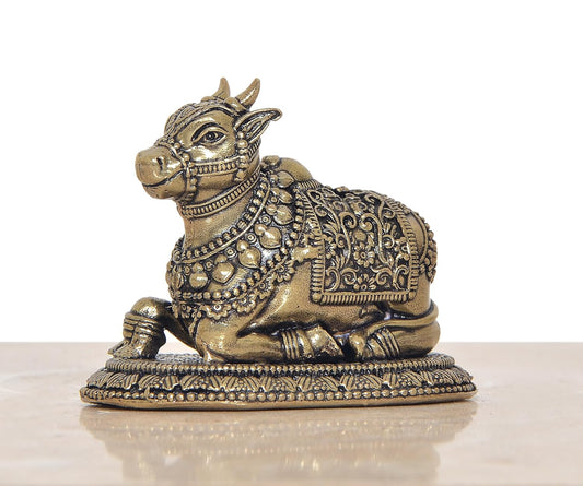 Bronze Shiva Seated Nandi Statue Nandi Bull for Shiv Temple Showpiece Home Decor Pooja Mandir (Height: 2 Inch)