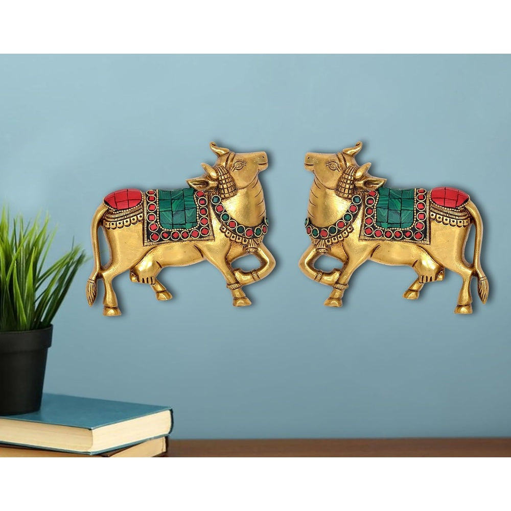 Brass Kamdhenu cow pair wall hanging with multicolour detailing, front view