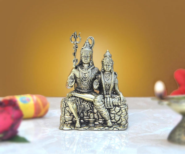 Superfine Brass Shiva and Parvati Sitting for Home Decor Mandir Pooja Showpiece (Height 3.5 Inch)