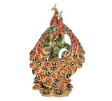 Gold-toned peacock showpiece with green center panel and red blue bead accents