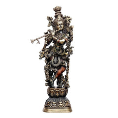Brass Krishna idol statue with ornate crown, standing pose on decorative base