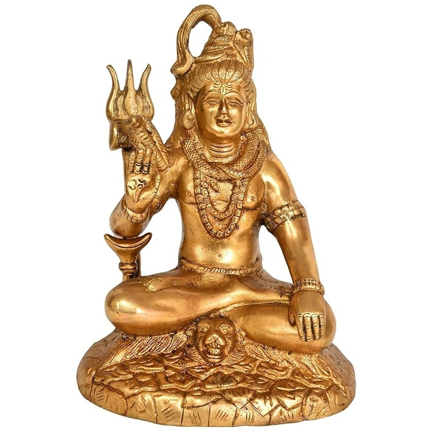 Brass Mahayogi Shiva figurine, seated with raised hand and trident, 7.3 in