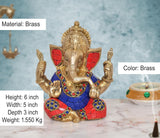 Brass Ganpati idol, multicolor blue and red detailing, seated with four arms
