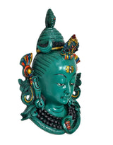 Green resin Shiva head wall hanging mask statue, side view with raised hand symbol