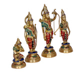 Brass Ram Darbar statue set from side angle: Ram raising bow, Sita, Laxman, Hanuman praying