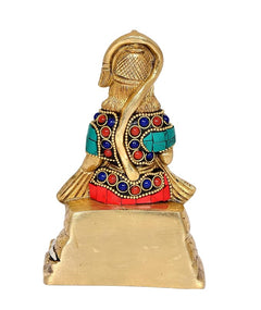 Brass Lord Hanuman statue, rear angle, ornate headpiece with gemstone trim, on base