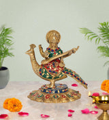 AONA Brass Saraswati idol on swan, playing veena, colorful inlay, 7 inch.