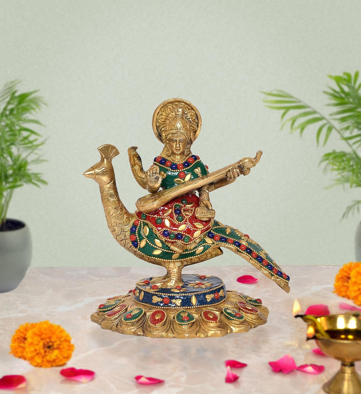AONA Brass Saraswati idol on swan, playing veena, colorful inlay, 7 inch.